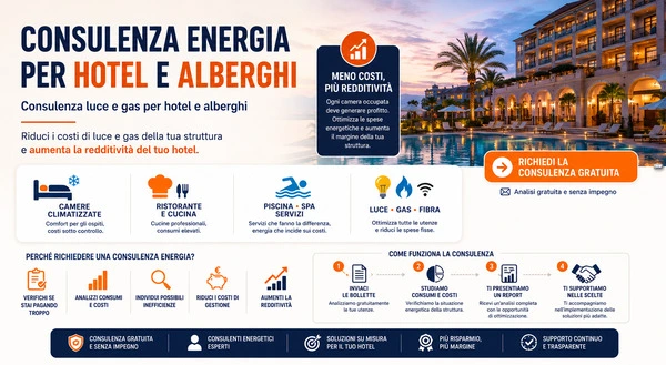Consulenza energia per hotel e alberghi analizziamo gratuitamente bollette e consumi per ridurre i costi di luce e gas della struttura